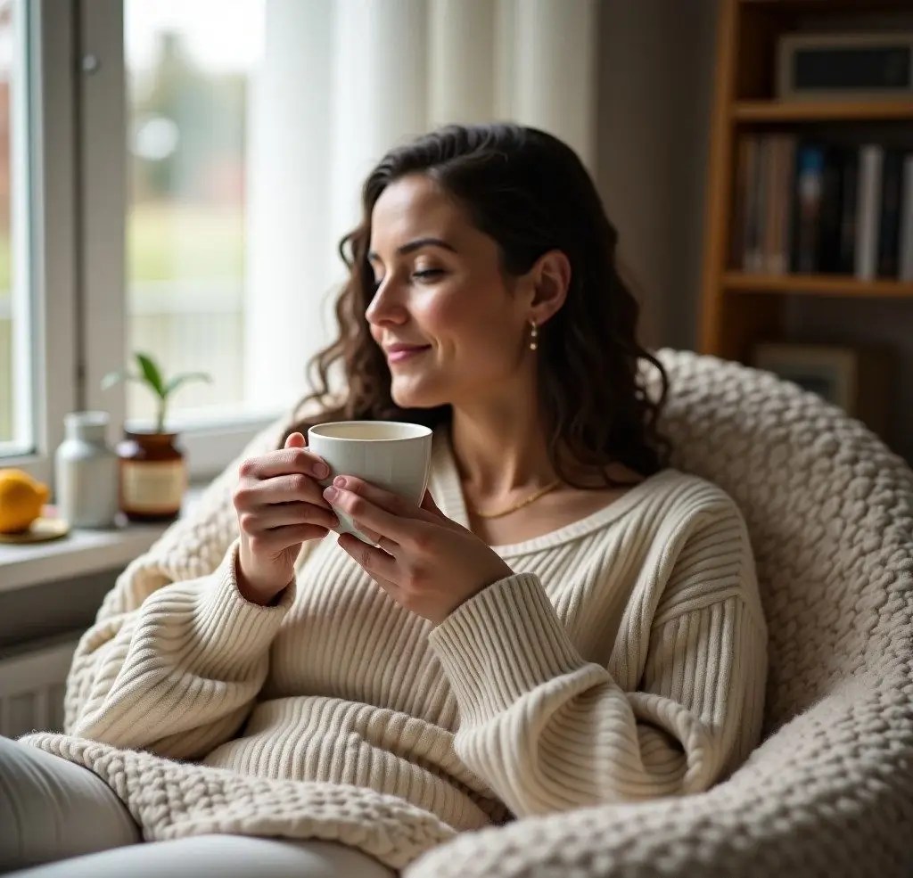 Relaxed individual practicing calming self-care at home