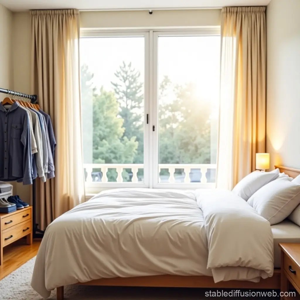 Organized bedroom with sunlight streaming in.
