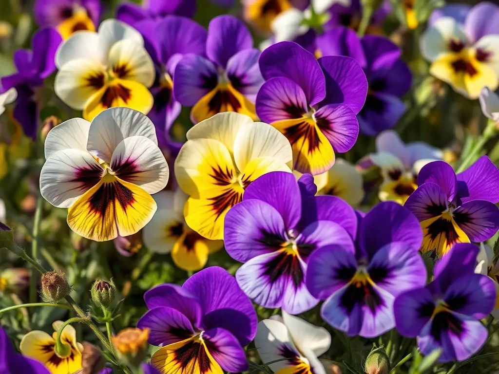 A vibrant display of wild pansy flowers with purple, yellow, and white petals in a natural setting.
