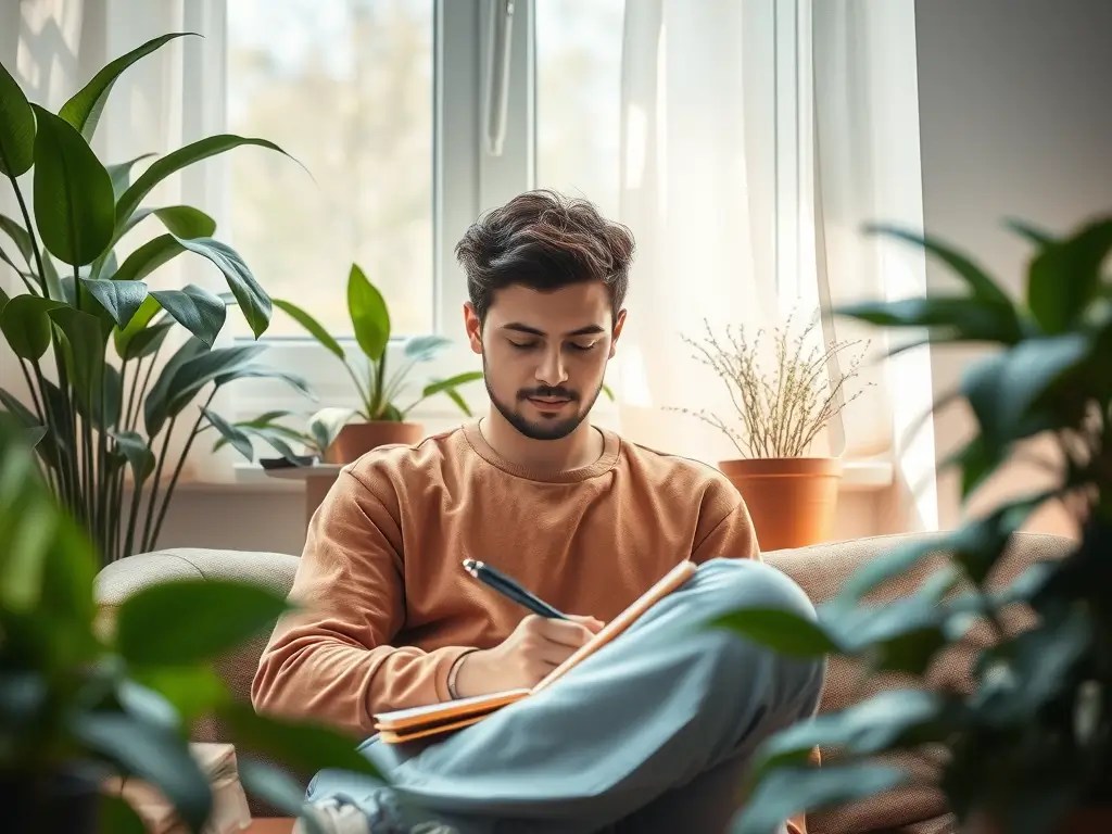 Person journaling by a sunny window.