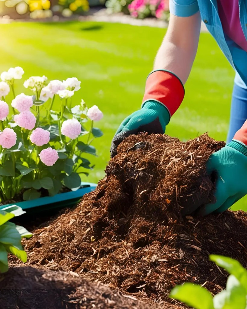 A gardener enriching soil with compost and mulch amidst blooming plants in a sunlit May garden