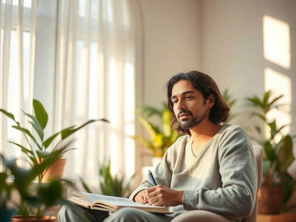 Relaxed individual practicing calming self-care at home