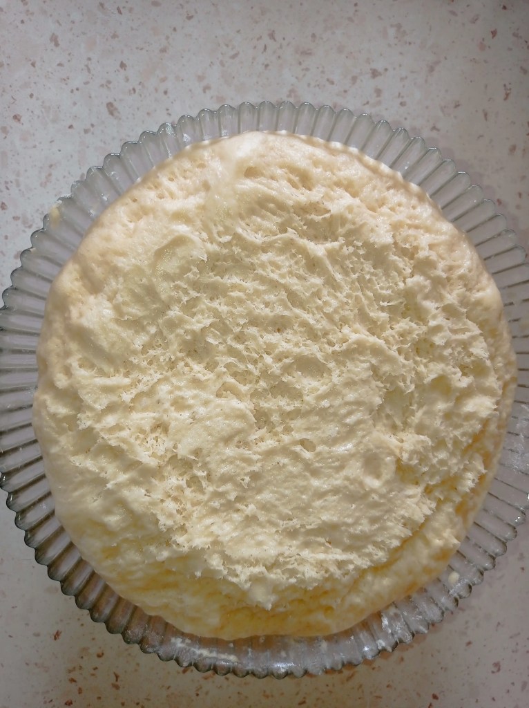 Dairy-free Pasca dough risen in a colorful patterned bowl, ready for shaping and filling