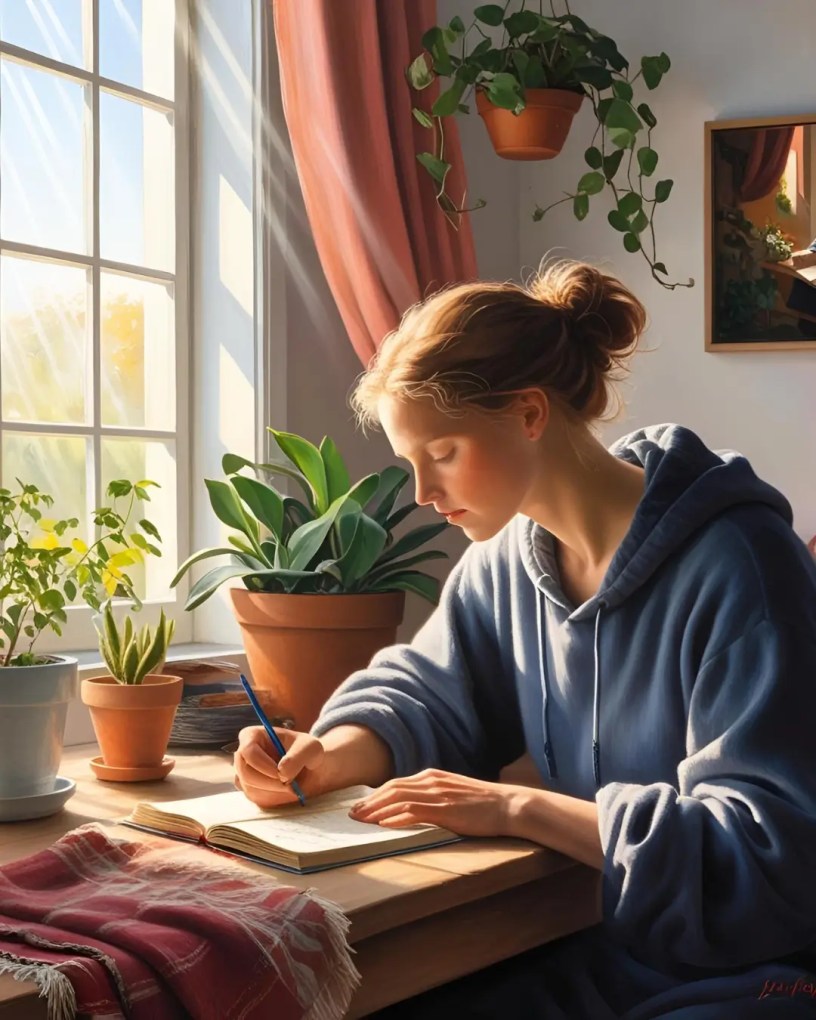 Person journaling by a sunny window