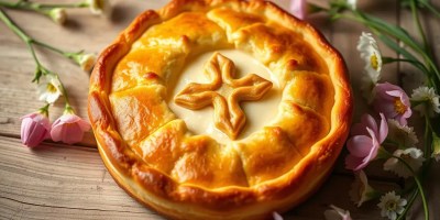 Golden-brown Romanian Easter Pasca with braided crust and dough cross, placed on rustic wooden background with spring flowers