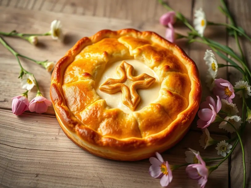Golden-brown Romanian Easter Pasca with braided crust and dough cross, placed on rustic wooden background with spring flowers