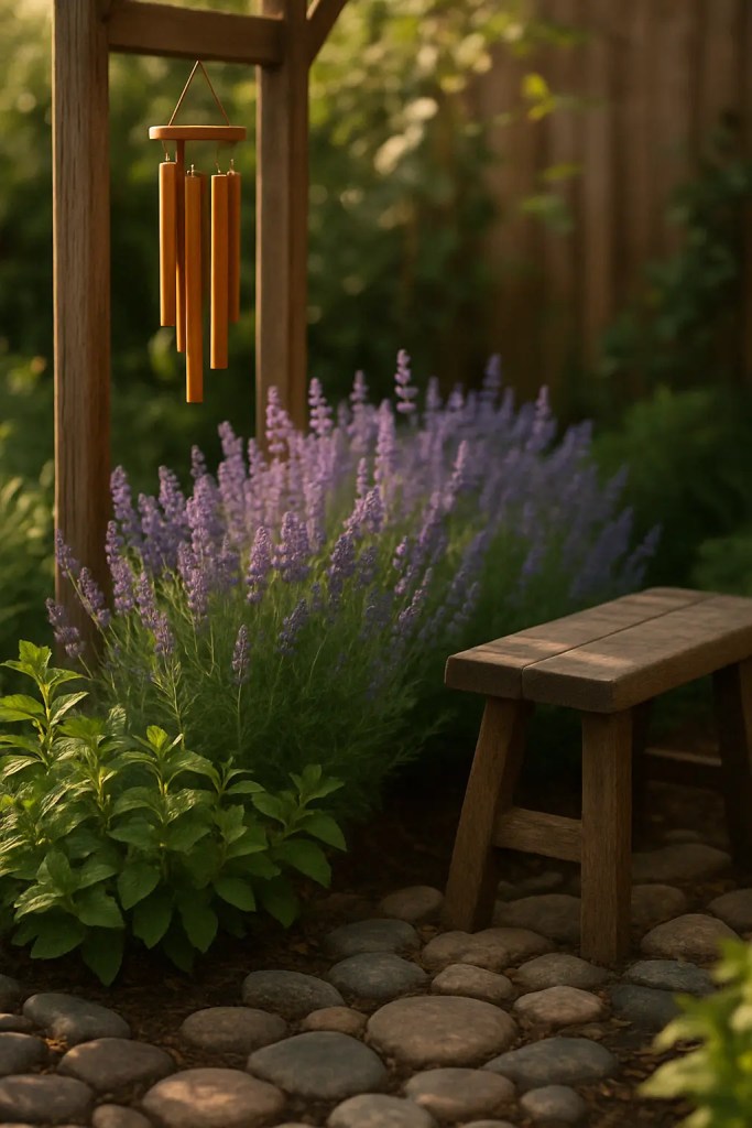 A small sensory garden area with blooming lavender, fresh mint, smooth stone paths, and a wooden bench under a wind chime, bathed in warm afternoon light.