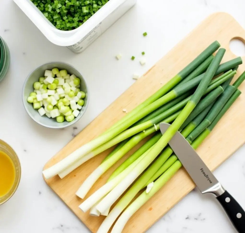 A bright and inviting kitchen scene showcasing fresh green onions being sliced and prepared for freezing, emphasizing convenience and sustainability