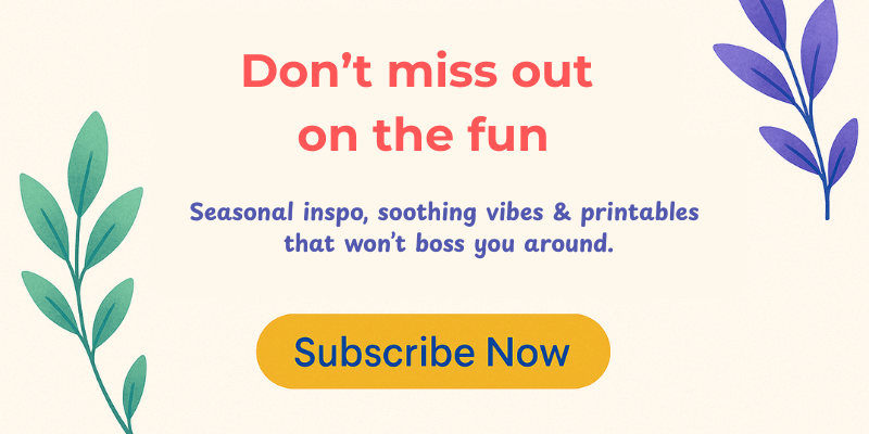 Decorative banner inviting readers to subscribe to Lela's seasonal newsletter, with watercolor leaves and vibrant background.