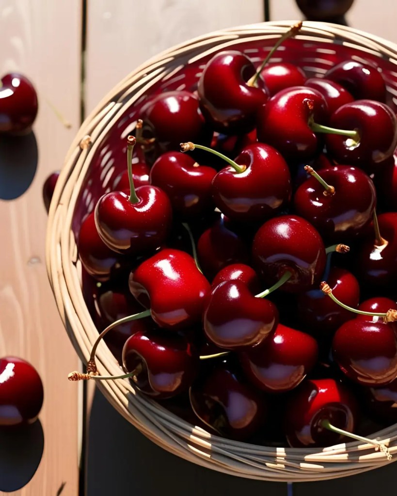 Fresh cherries in a wicker basket on a wooden table in soft sunlight