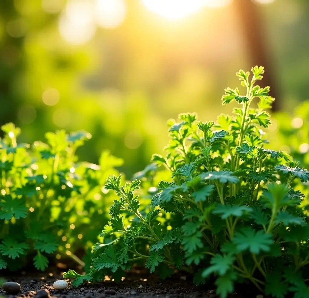 Outdoor garden bed filled with fresh parsley, dill, and thyme
