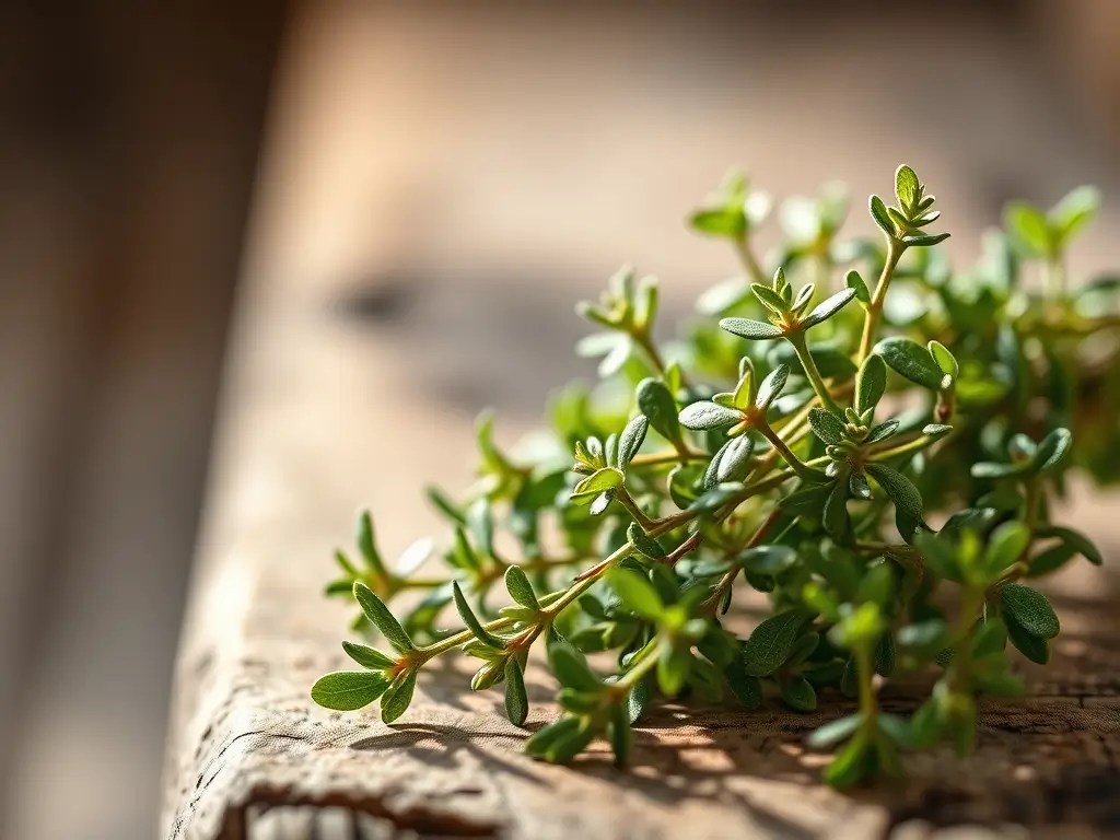 Clusters of fresh thyme sprigs with tiny oval leaves on a wooden surface