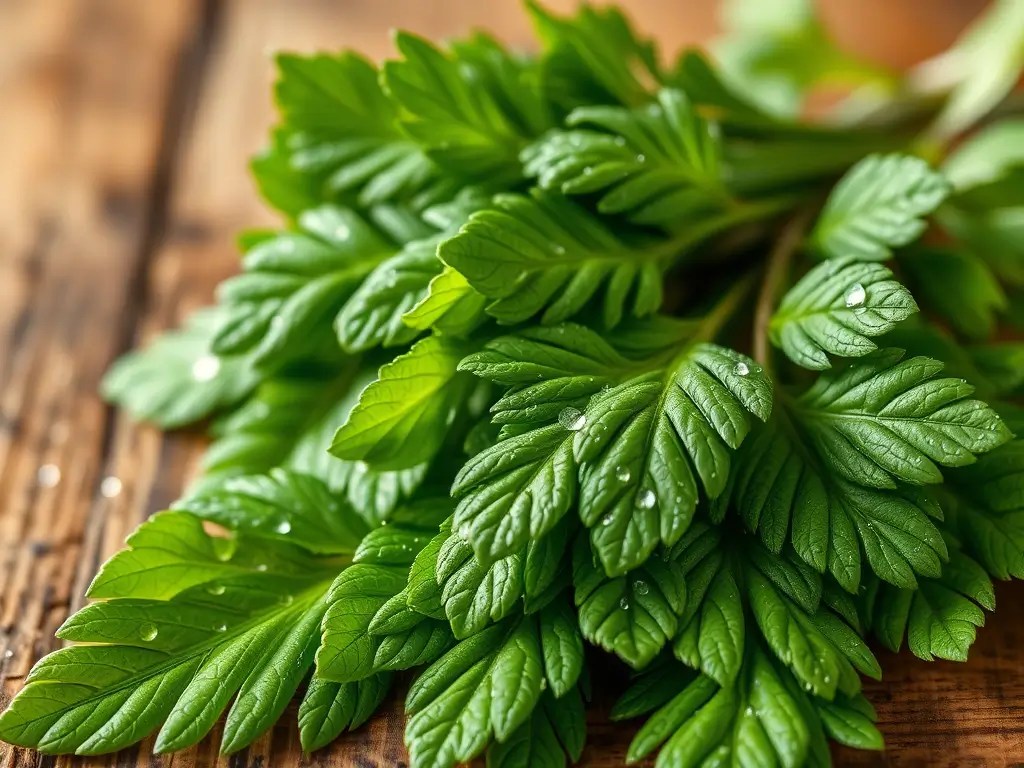 Close-up of vibrant, freshly harvested lovage leaves on a rustic wooden surface