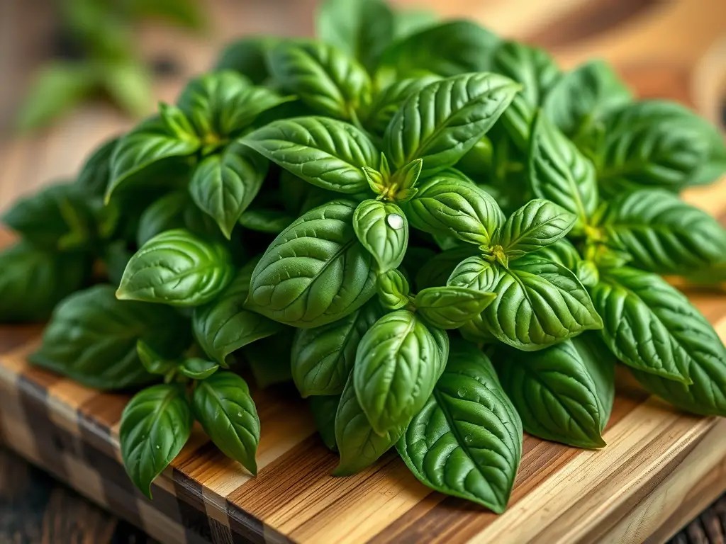 A neat bunch of freshly picked basil leaves on a wooden cutting board, glistening with water droplets