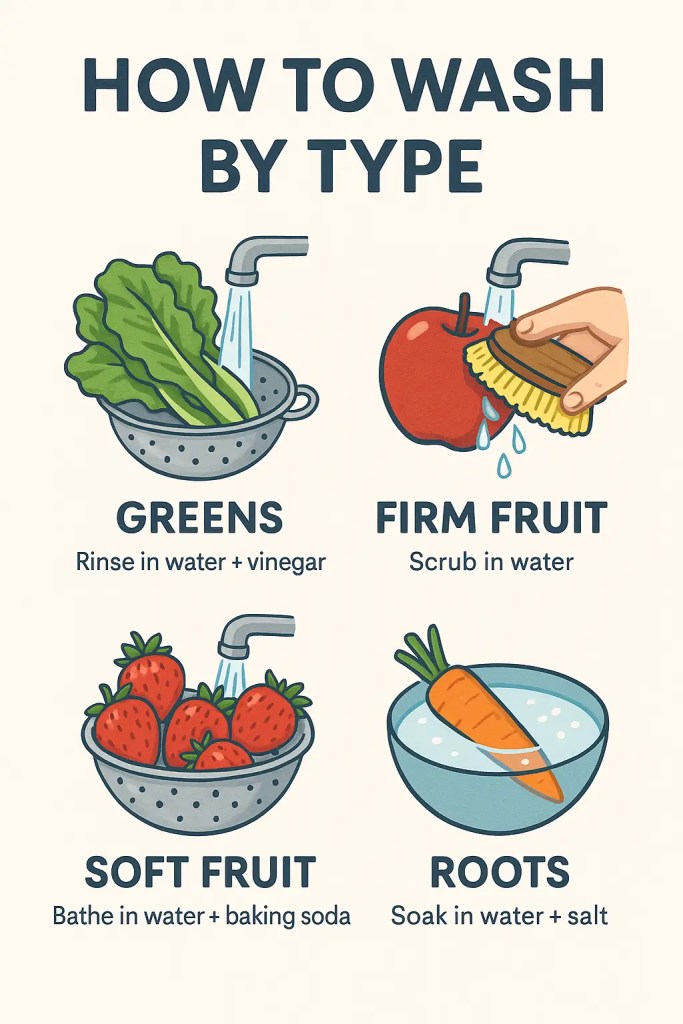 Infographic showing washing methods for leafy greens, firm fruit, soft fruit, and root vegetables