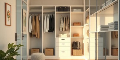 Neatly arranged closet with clothes on wooden hangers and labeled storage boxes