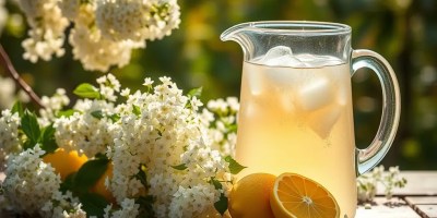 A glass pitcher filled with homemade elderflower cordial and ice, surrounded by fresh elderflowers and lemons