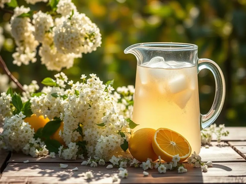 A glass pitcher filled with homemade elderflower cordial and ice, surrounded by fresh elderflowers and lemons