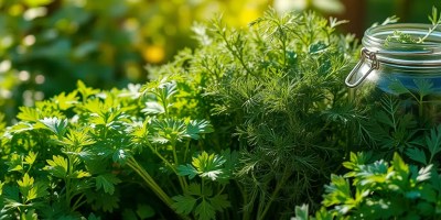 Outdoor garden bed filled with fresh parsley, dill, and thyme