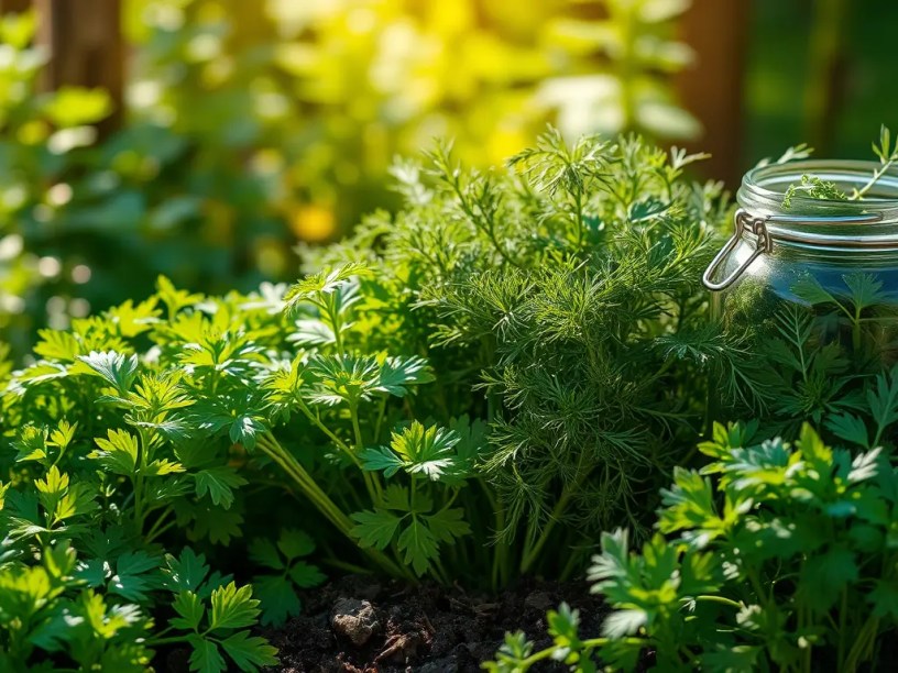 Outdoor garden bed filled with fresh parsley, dill, and thyme