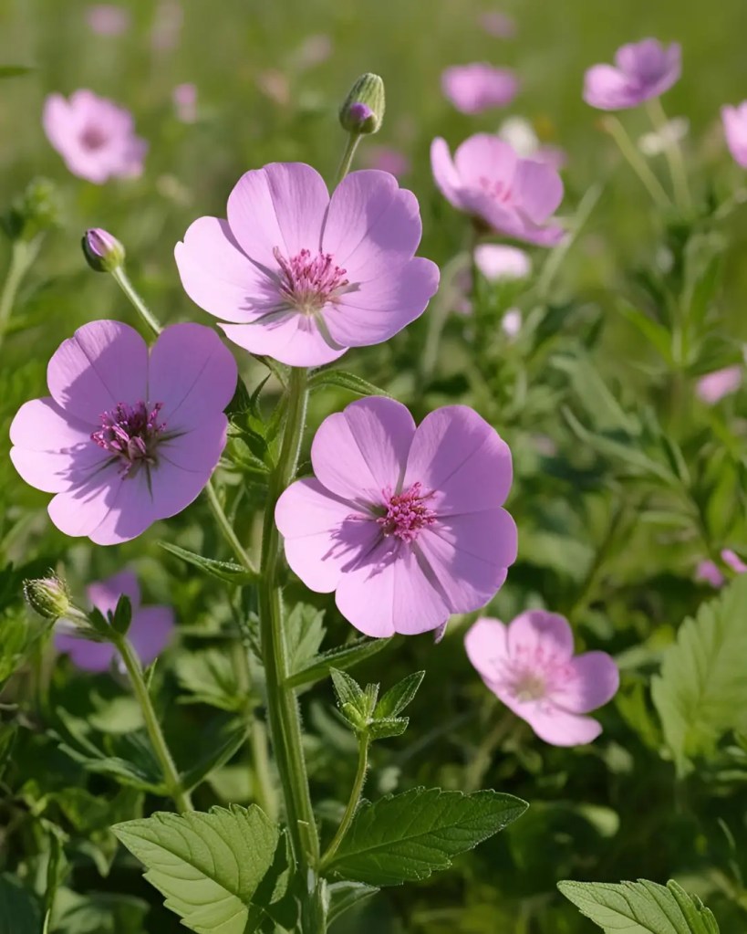 Close-up of pink-purple mallow flowers and leaves in a sunlit meadow