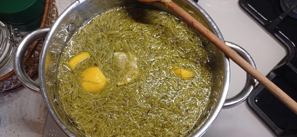 Fir buds simmering in a pot with lemon juice and peel, sugar dissolving into the golden infusion