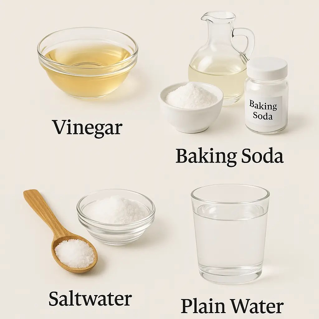 Four natural produce washing options: vinegar, baking soda, saltwater, and plain water, each displayed in separate labeled sections