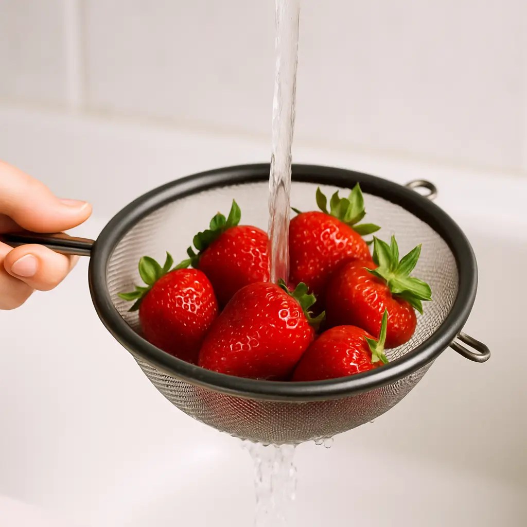 Hand holding mesh strainer with strawberries being rinsed under running water