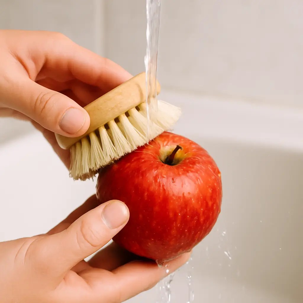 Hand using a soft-bristle brush to scrub a red apple under a stream of water