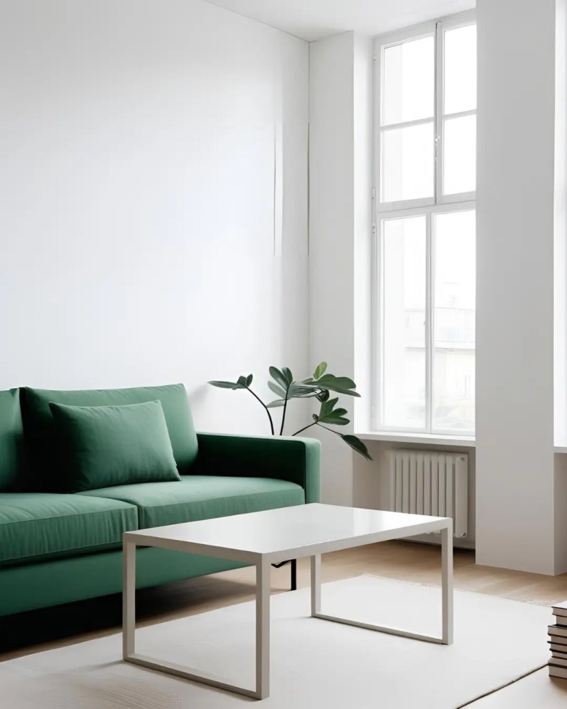 A spacious, minimalist living room with neutral tones and large windows