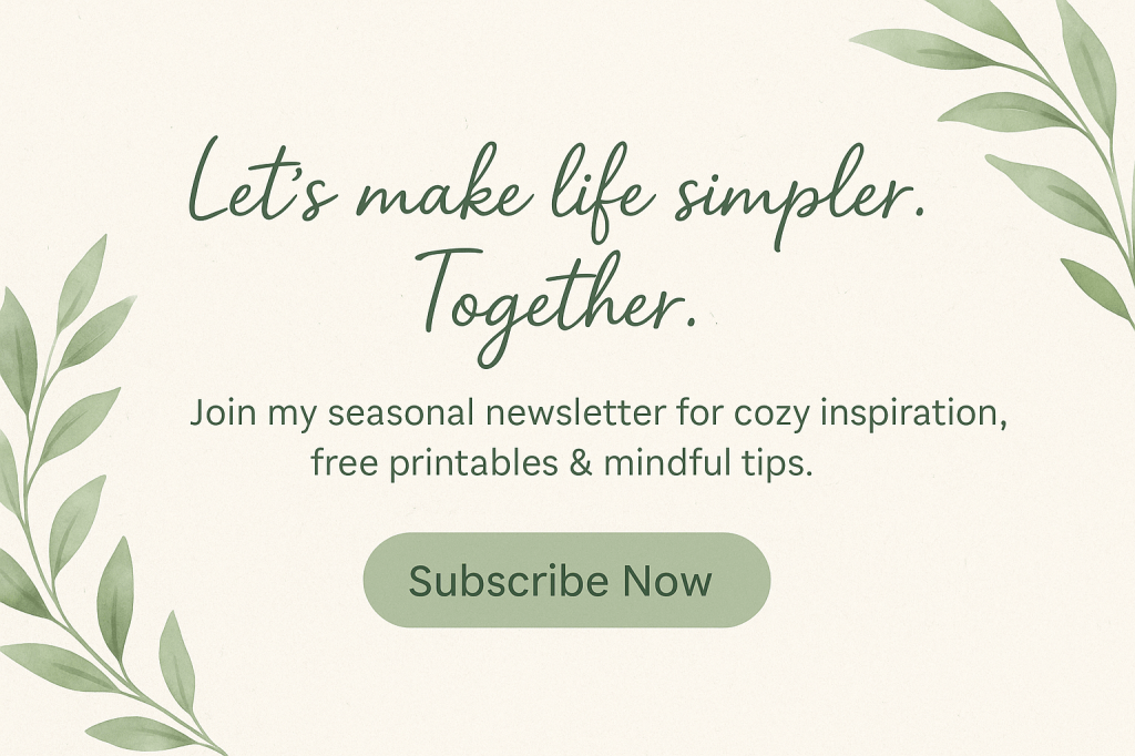 Decorative banner inviting readers to subscribe to Lela's seasonal newsletter, with watercolor leaves and vibrant background.