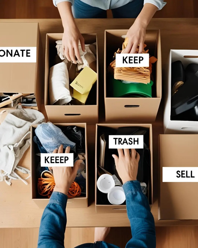 Person sorting household items into labeled boxes for decluttering