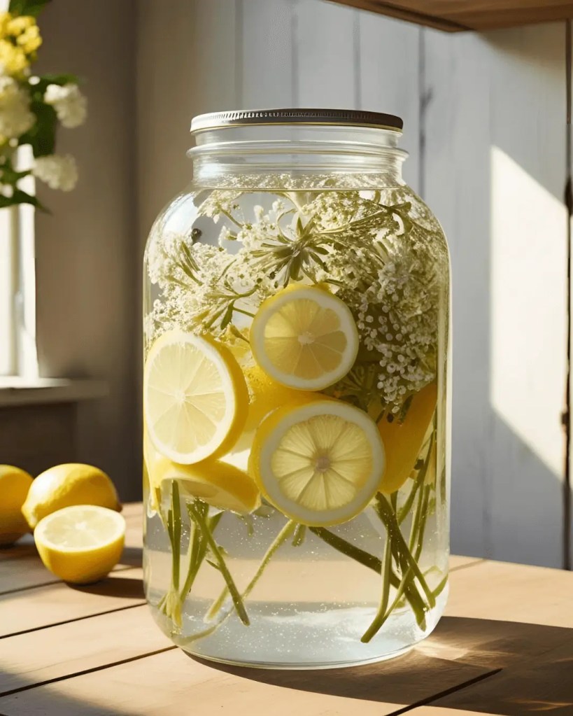 A rustic kitchen setting with a large glass jar containing elderflowers, lemon slices, and water, on a wooden table in natural sunlight.
