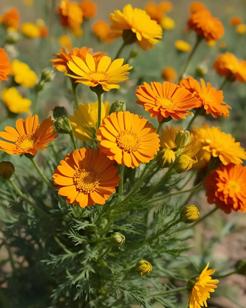 Bright orange and yellow wild calendula blooms in a sunny meadow