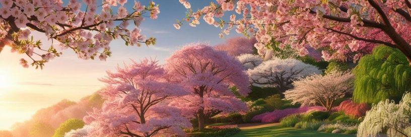 Scenic landscape with blooming cherry blossom trees in shades of pink and white at sunset, in a vibrant spring garden.