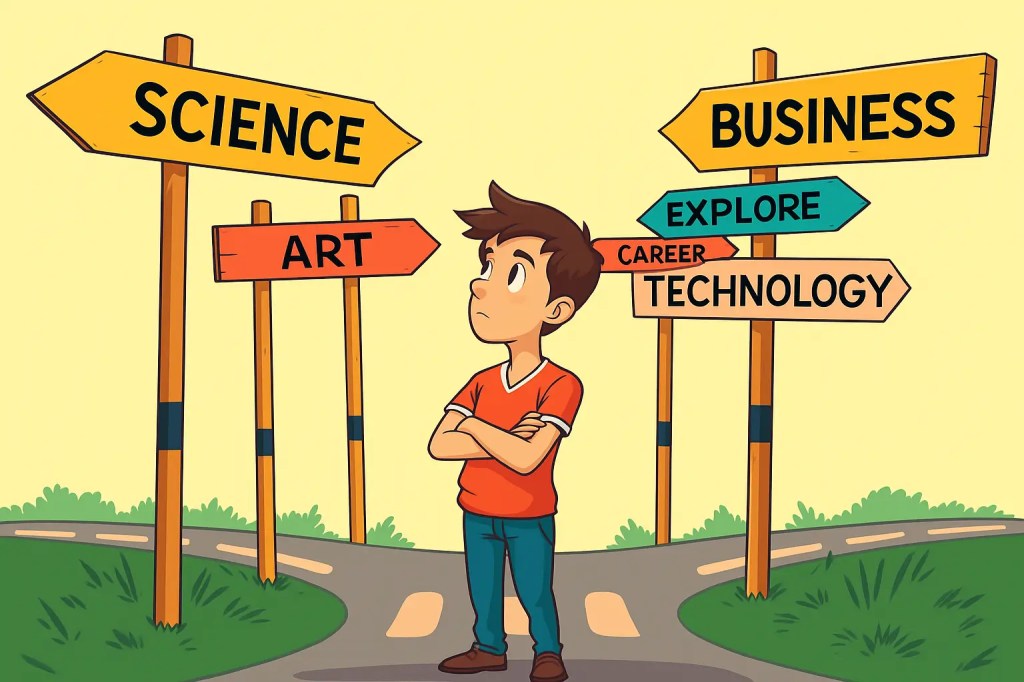 A person at a crossroads, facing multiple career path signposts in a vibrant, stylized illustration.