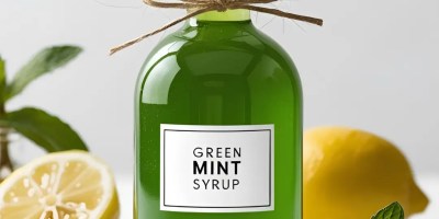 Glass bottle filled with homemade mint syrup, surrounded by mint leaves and lemon slices