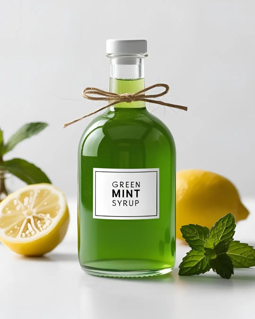 Glass bottle filled with homemade mint syrup, surrounded by mint leaves and lemon slices