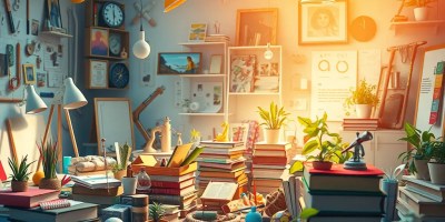 A high-resolution illustration featuring tools, books, and instruments from art, science, and nature in a bright, dynamic setting symbolizing diverse knowledge.