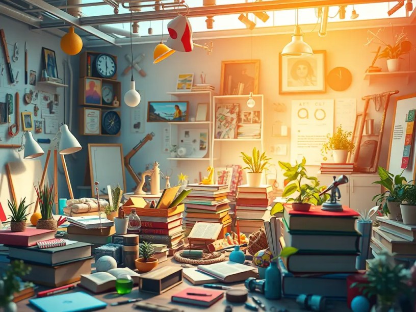 A high-resolution illustration featuring tools, books, and instruments from art, science, and nature in a bright, dynamic setting symbolizing diverse knowledge.