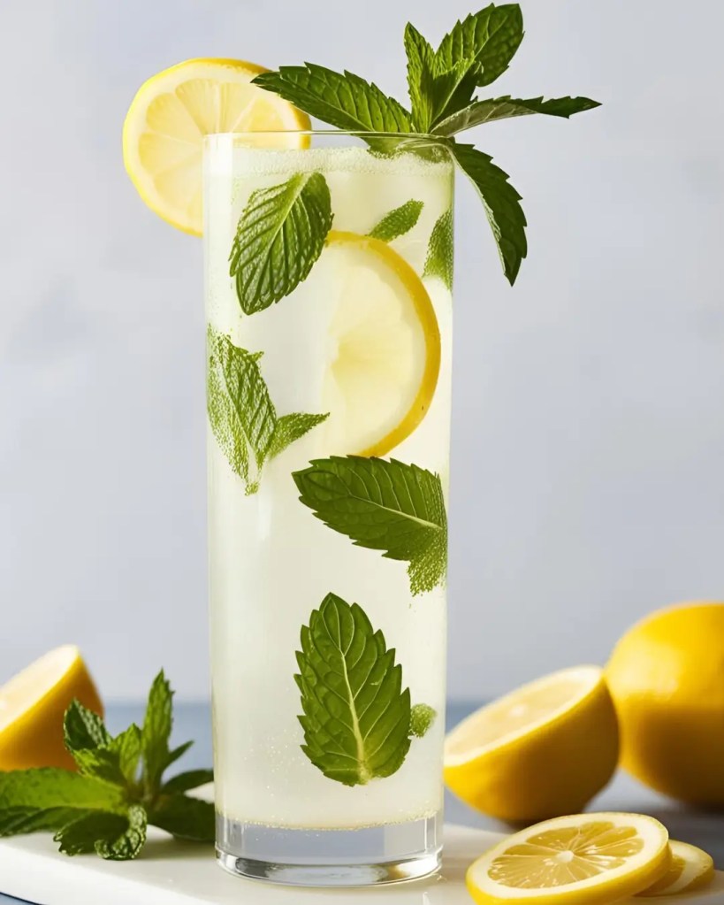 A refreshing glass of sparkling mint lemonade with lemon and mint garnish