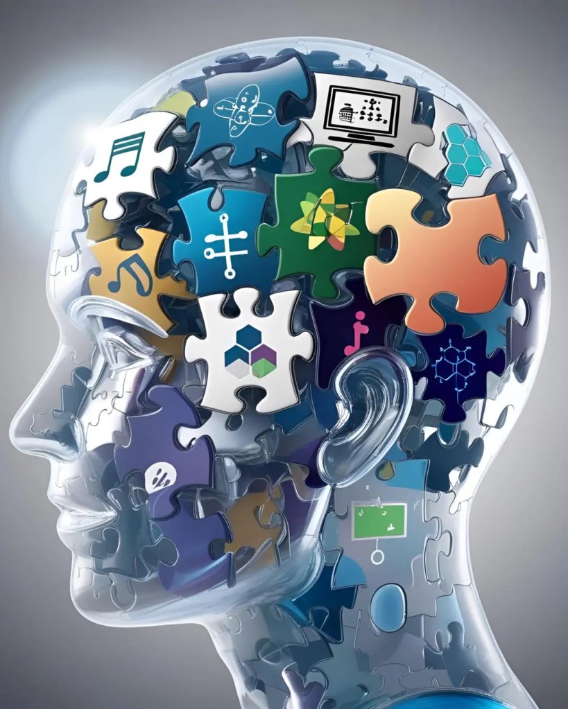 Transparent silhouette of a head filled with puzzle pieces representing various fields