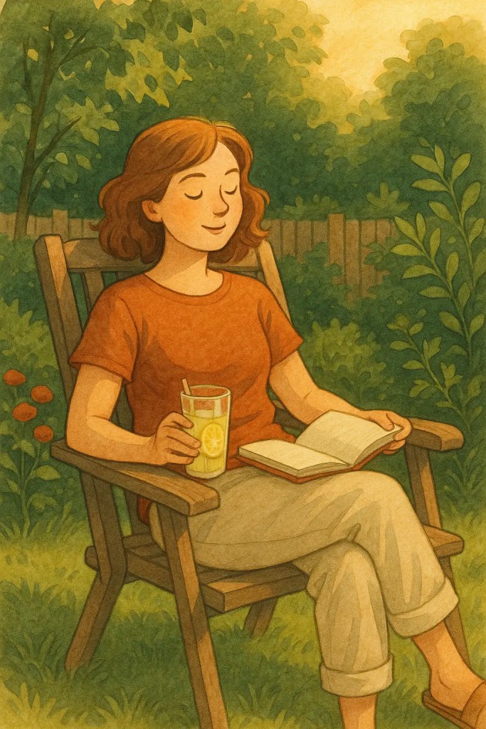 A serene woman in a light dress sitting in a wooden chair under leafy vines, holding a glass of lemonade and an open book in golden afternoon light.