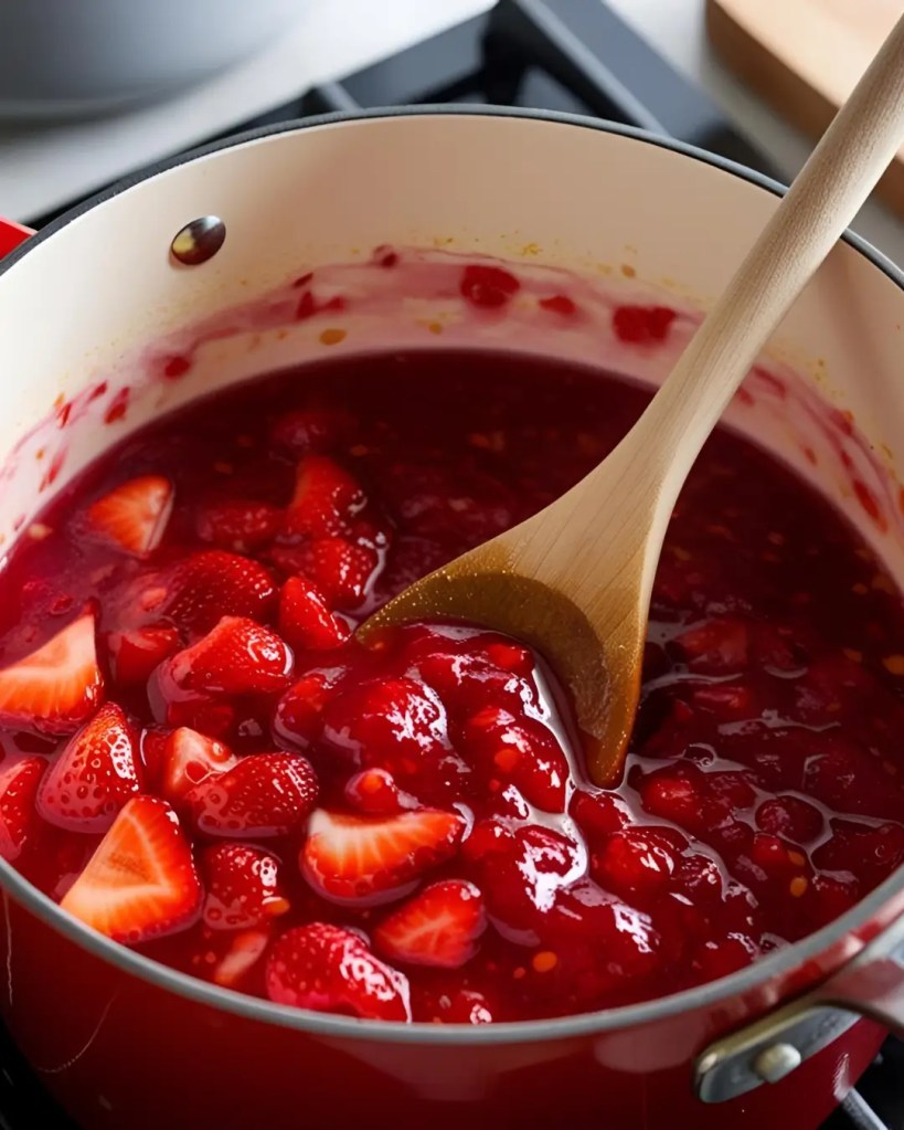 Homemade strawberry jam simmering in a pot.