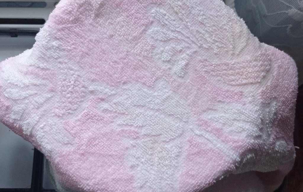 Pot with green walnut preserve covered with a wet towel for gentle cooling after cooking