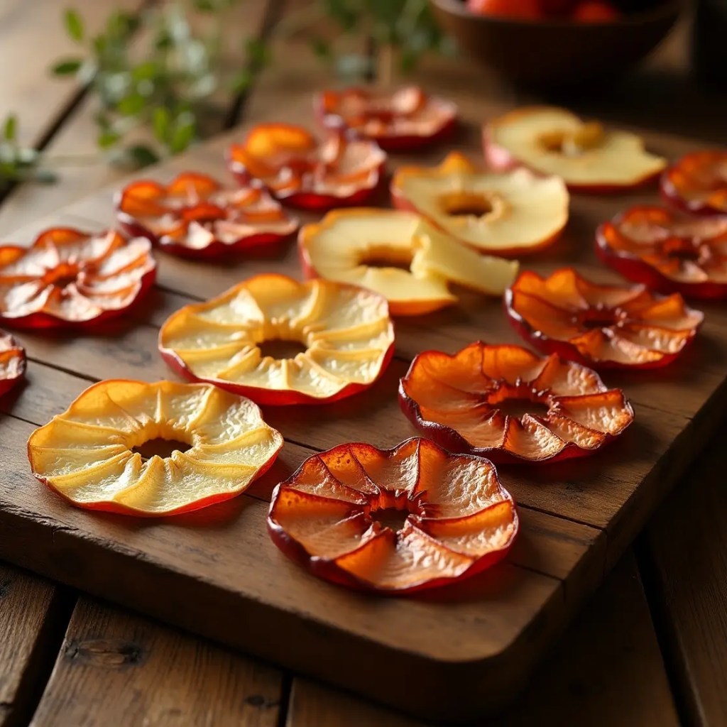 Apple, pear, and plum slices drying on a rack.
