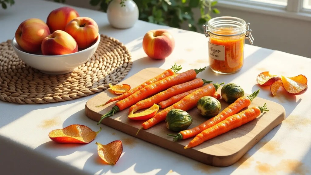 A sunlit kitchen table with fresh carrots, brussels sprouts, a bowl of peaches, and a jar of homemade preserve on a wooden board.