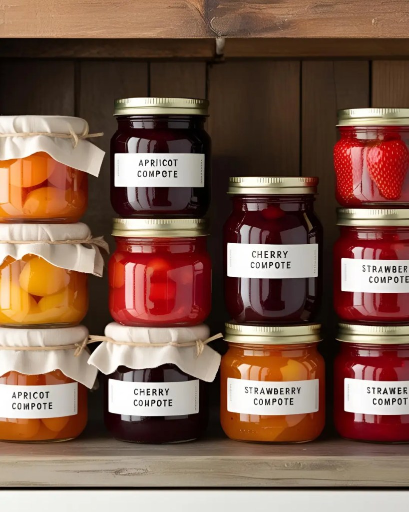 Glass jars filled with colorful homemade fruit compote on a wooden shelf.