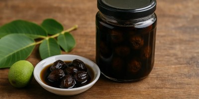 Jar of green walnut preserve on rustic wooden surface, with walnut leaves and fresh green walnuts