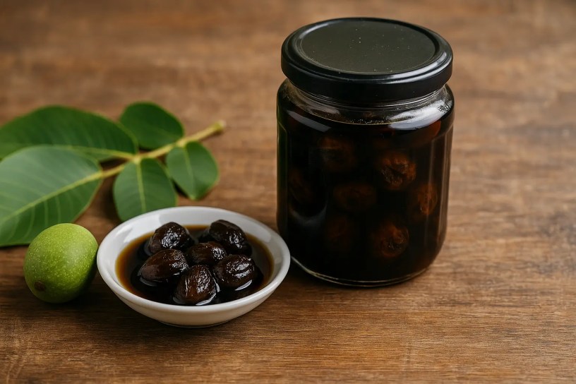 Jar of green walnut preserve on rustic wooden surface, with walnut leaves and fresh green walnuts